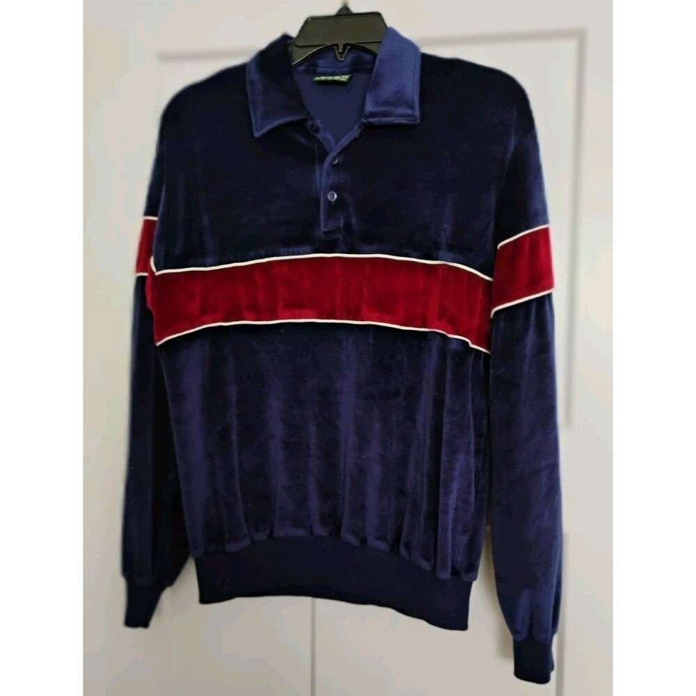 Vtg Hyde Park Velour Long Sleeve Pullover Dad Shirt Men's S/M Navy Red Stripe